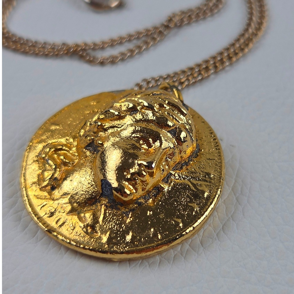 Vintage Dark Academia Gold Tone Ancient Greek Coin Medallion Necklace